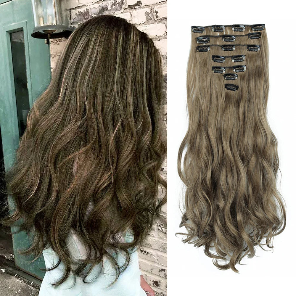 7PCS Clip-In Hair Extensions – 22 Inch Long Curly Wavy Synthetic Hair Pieces