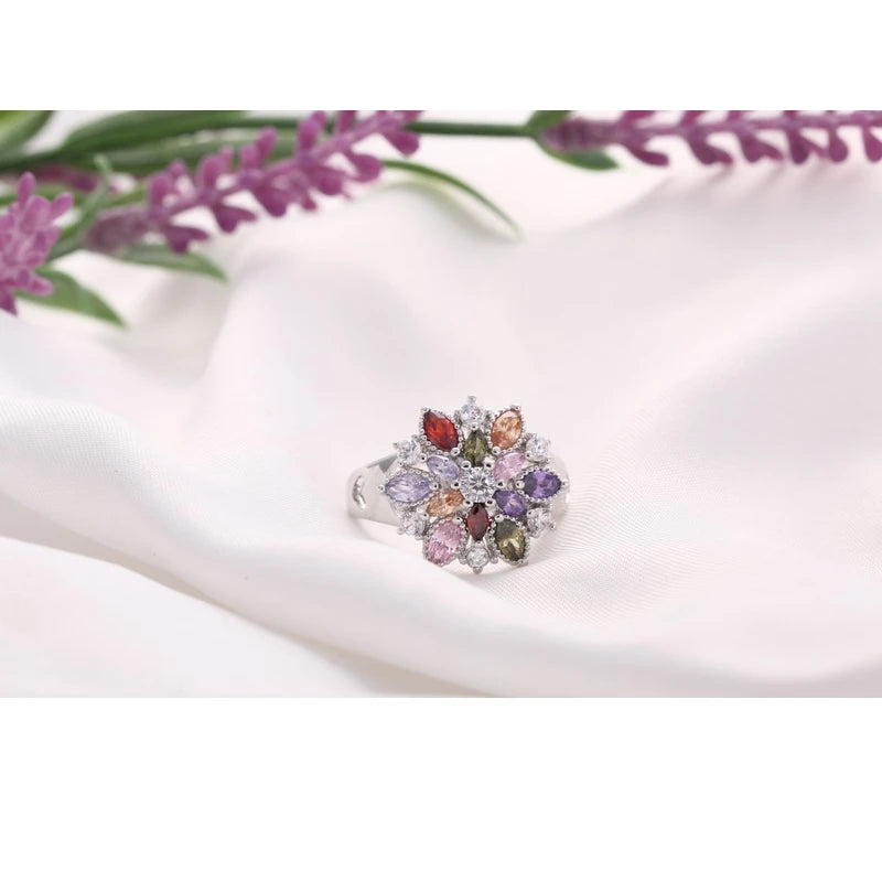 Fashion RING 925 Sterling Silver Color Jewelry Colourful Cubic Zirconia Flowe