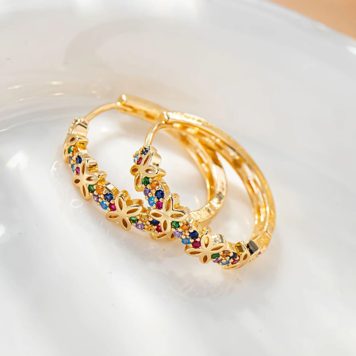 Signature Floral Zircon Hoops – Vibrant Luxury Statement Earrings Rainbow Flower Zircon Stone