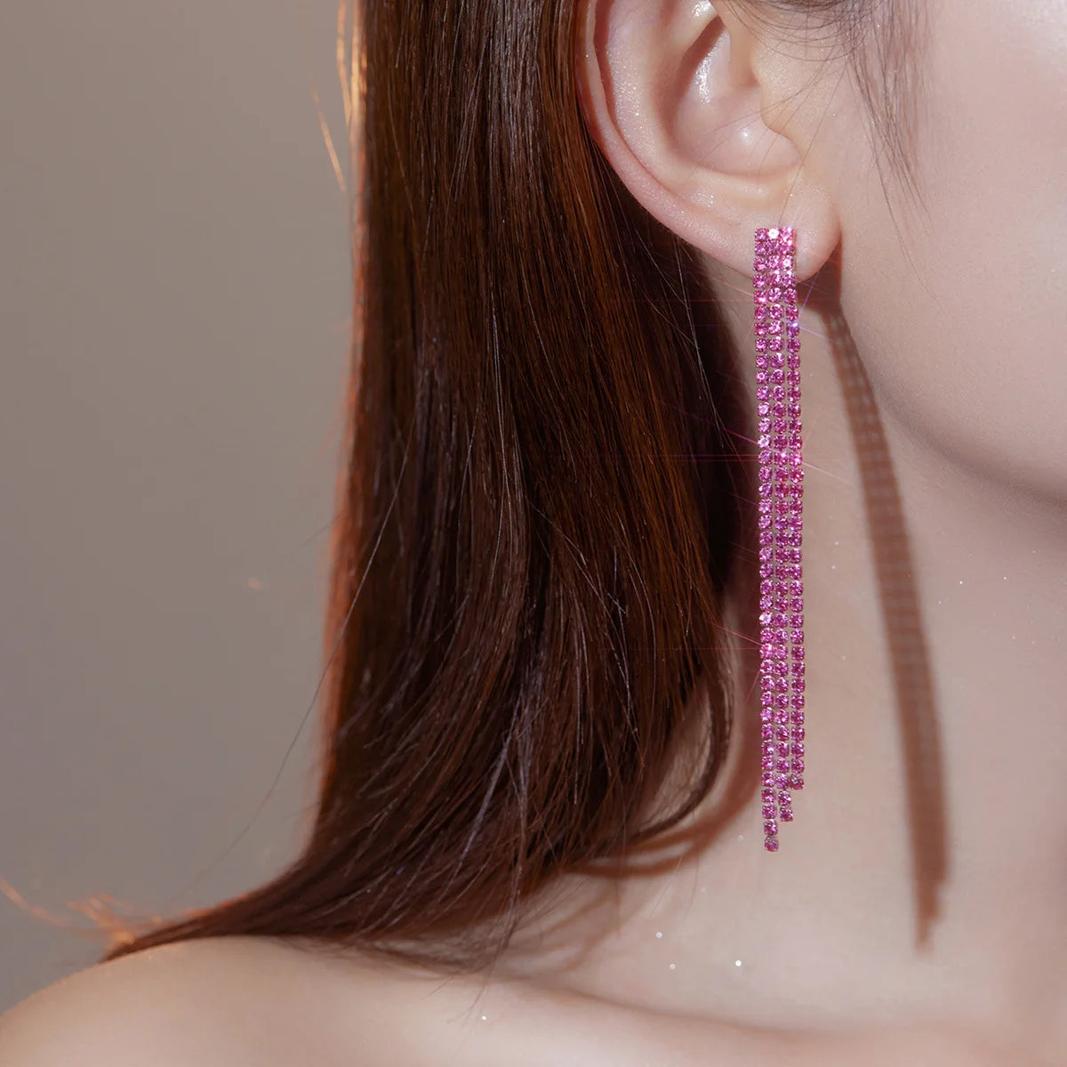 Glamorous Crystal Tassel Dangles  4 Lines Long Rhinestone Evening Earrings