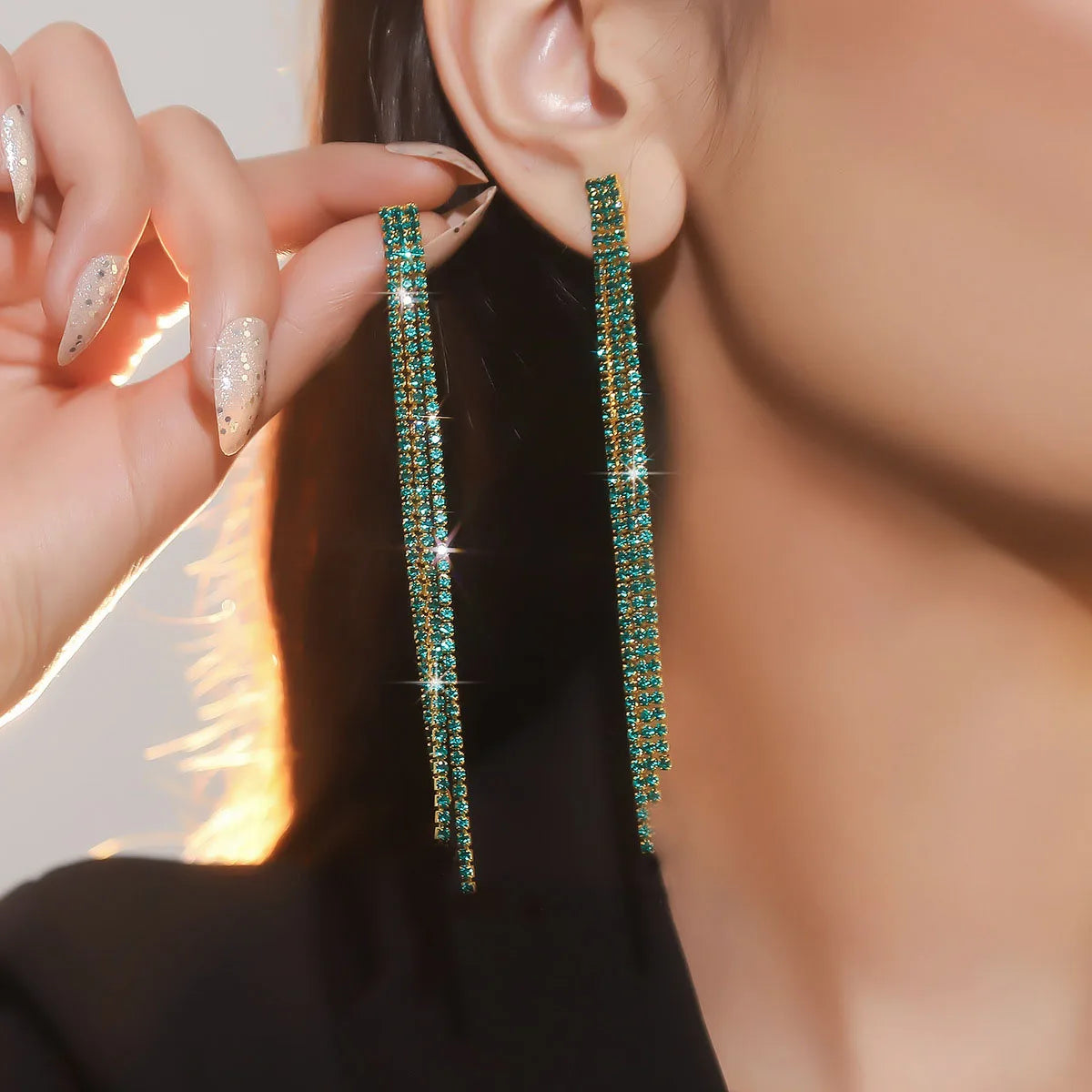 Glamorous Crystal Tassel Dangles  4 Lines Long Rhinestone Evening Earrings