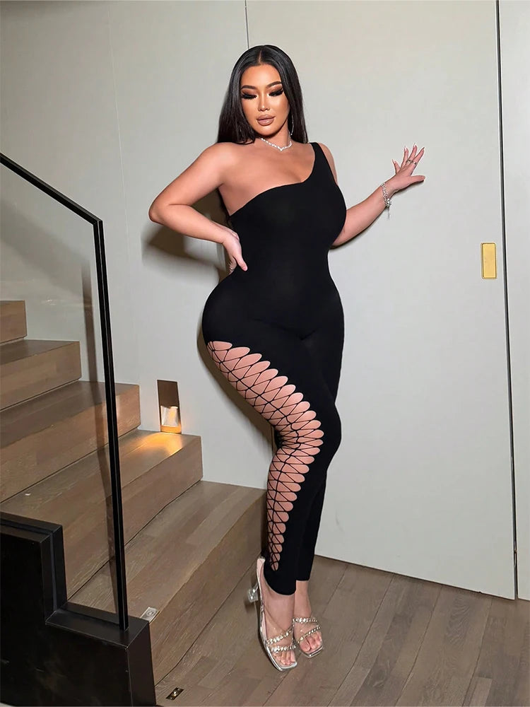 Urban Edge" One-Shoulder Lattice Cutout Jumpsuit