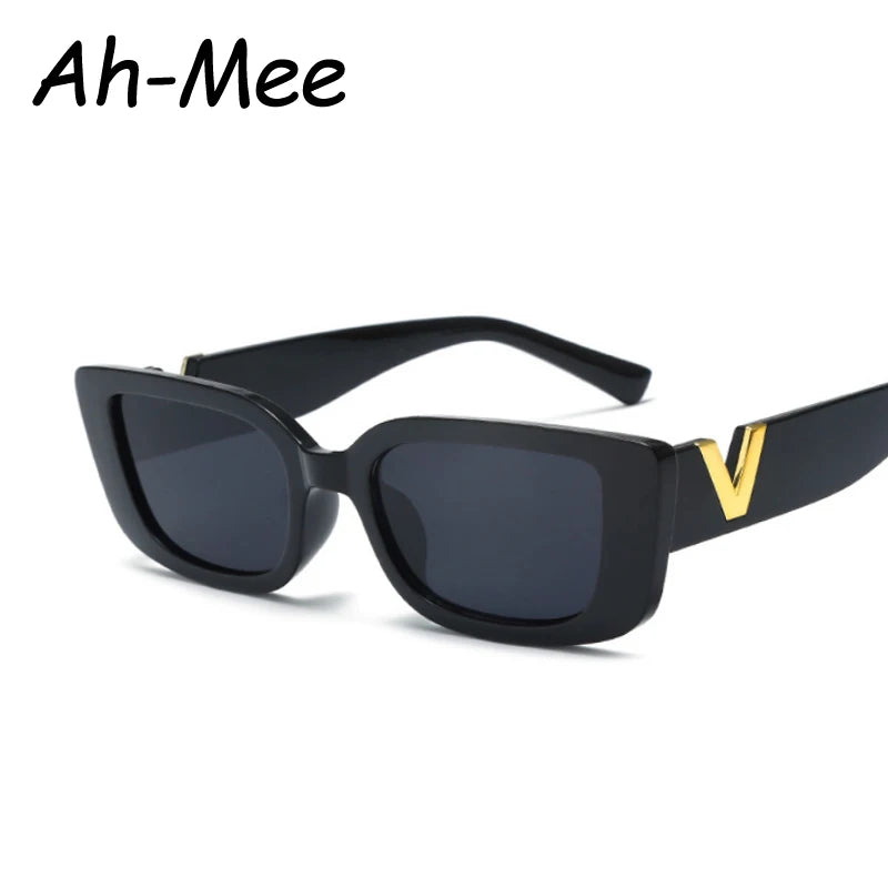 Luxury Urban Chic Rectangular Sunglasses with Gold "V" Detail