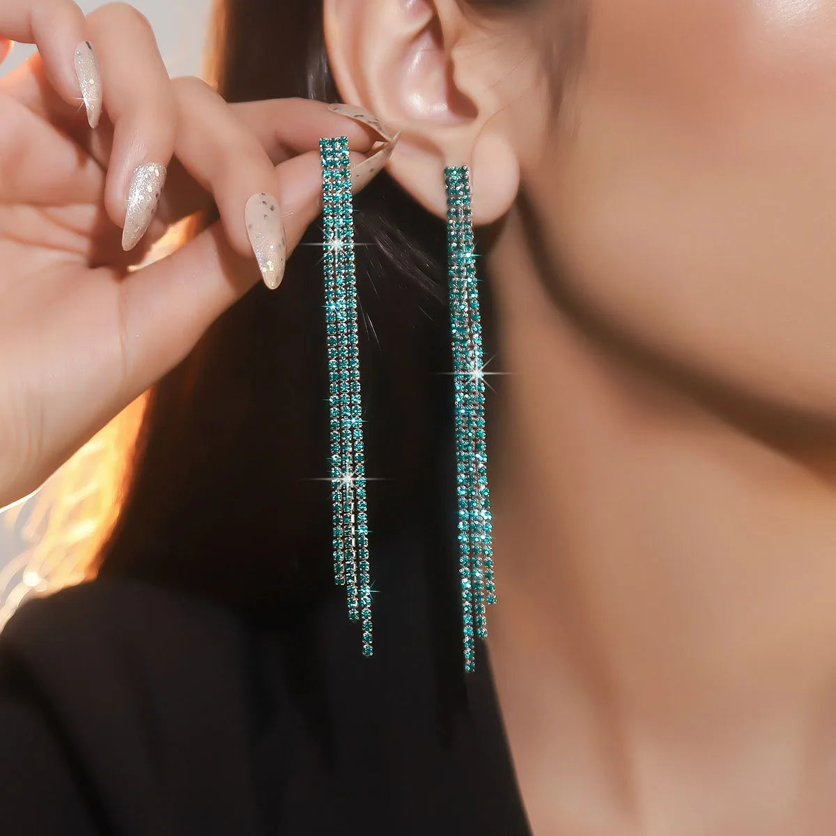 Glamorous Crystal Tassel Dangles  4 Lines Long Rhinestone Evening Earrings