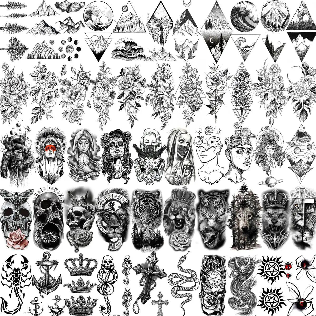 52pcs Premium Temporary Tattoo Collection – Versatile Mix of Skulls, Snakes, Flowers & 3D Art
