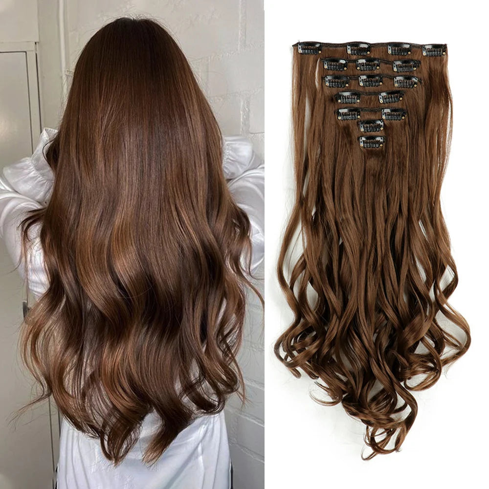 7PCS Clip-In Hair Extensions – 22 Inch Long Curly Wavy Synthetic Hair Pieces