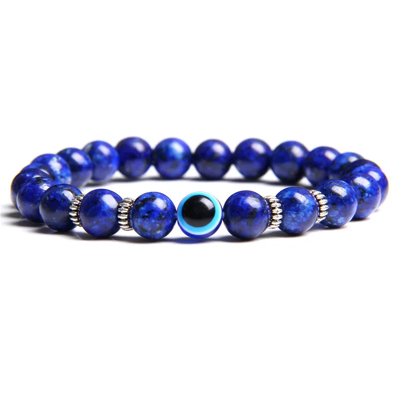 Handmade Evil Eye Natural Stone Bracelet Set – Elastic Lava Rock and Hematite Multilayer Jewelry
