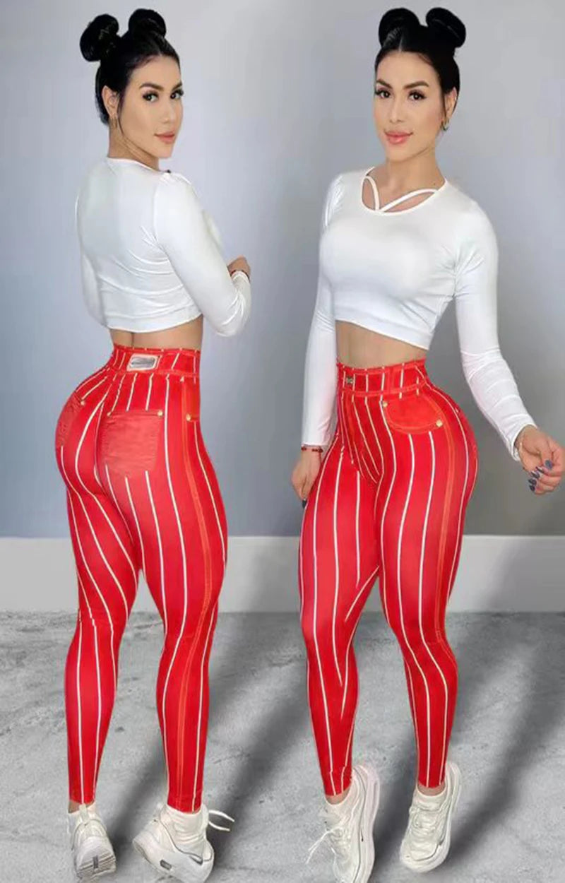 Denim-Look High-Waisted Striped Sculpting Leggings