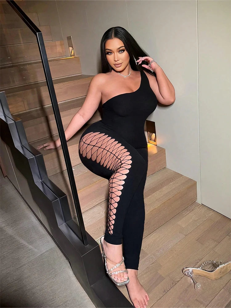 Urban Edge" One-Shoulder Lattice Cutout Jumpsuit