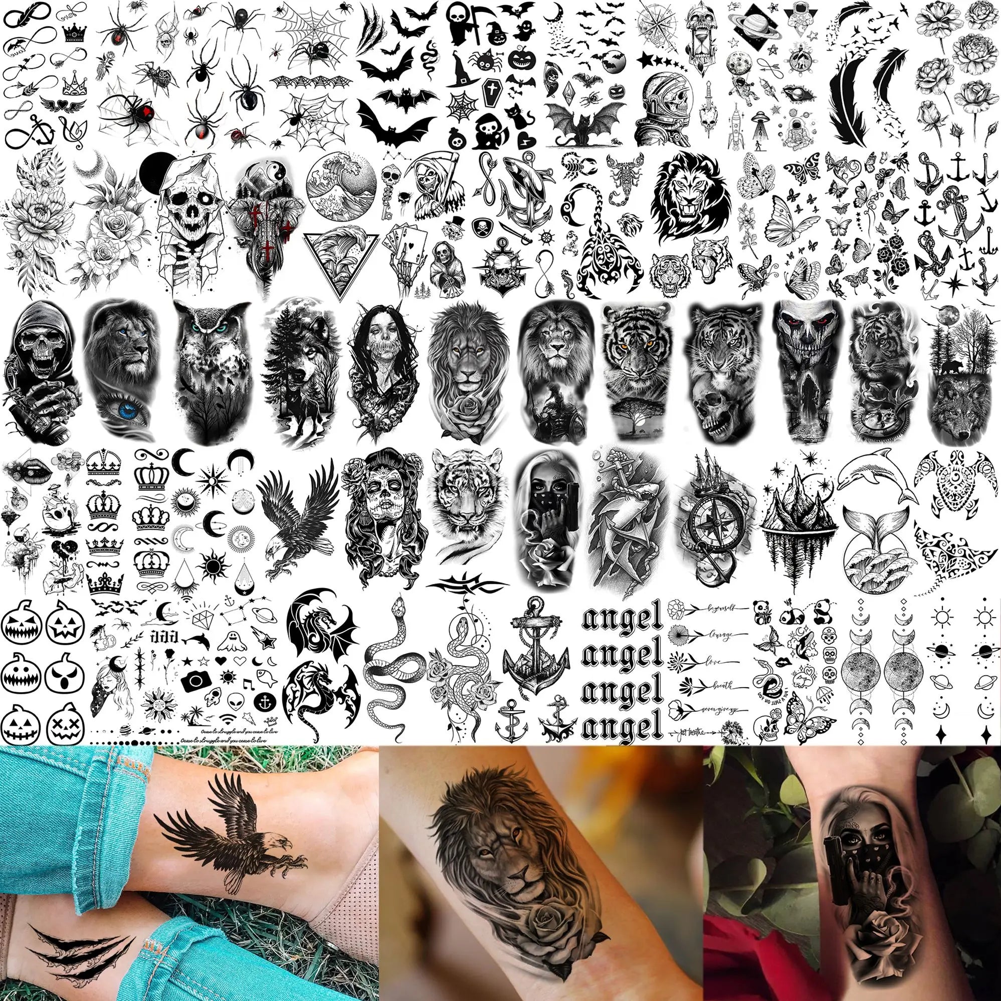 71 Sheets Ultimate Temporary Tattoo Megapack  – Lion, Dragon, Wolf, Flower & Skull Body Art