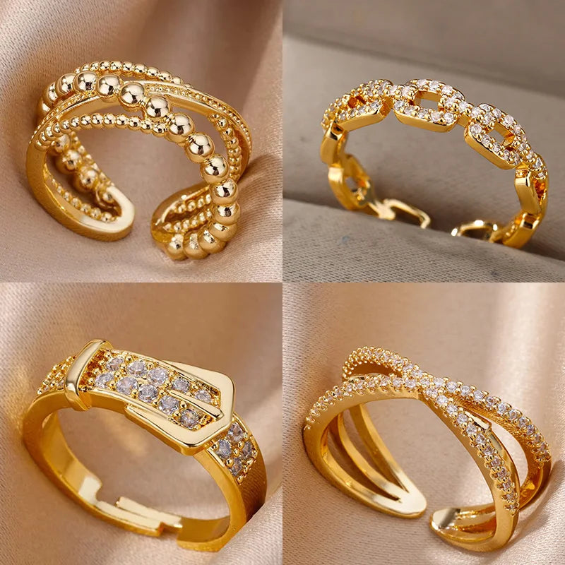 Adjustable Geometric Belt Ring – Tarnish-Free Stainless Steel & Zirconia Wedding Gift
