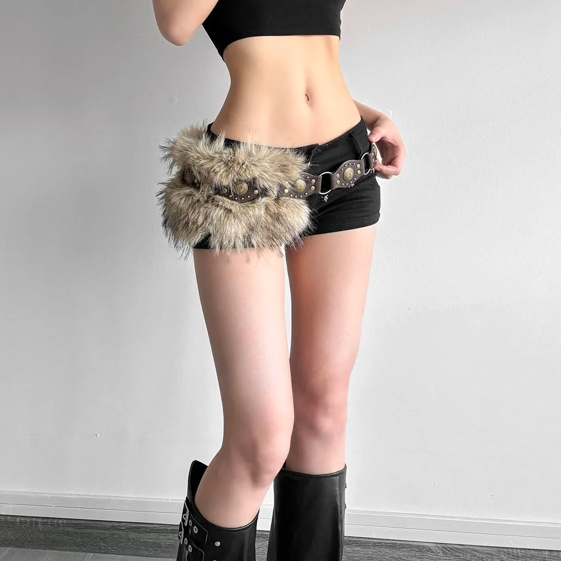 Bohemian Faux-Fur & Studded Leather-Look Belt with Antique Gold Accents