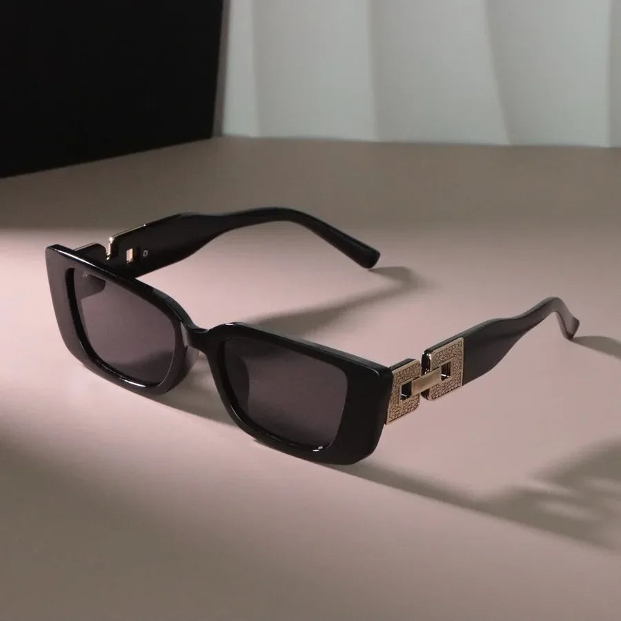 Luxe Logo-Temple Rectangular Sunglasses Small Frame Mirror