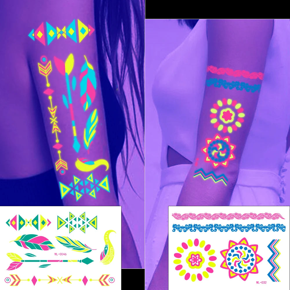 12/24pc Neon UV Glow Tattoos – Fluorescent Body & Face Stickers for Rave Parties, Music Festivals, and Nightclub Glam