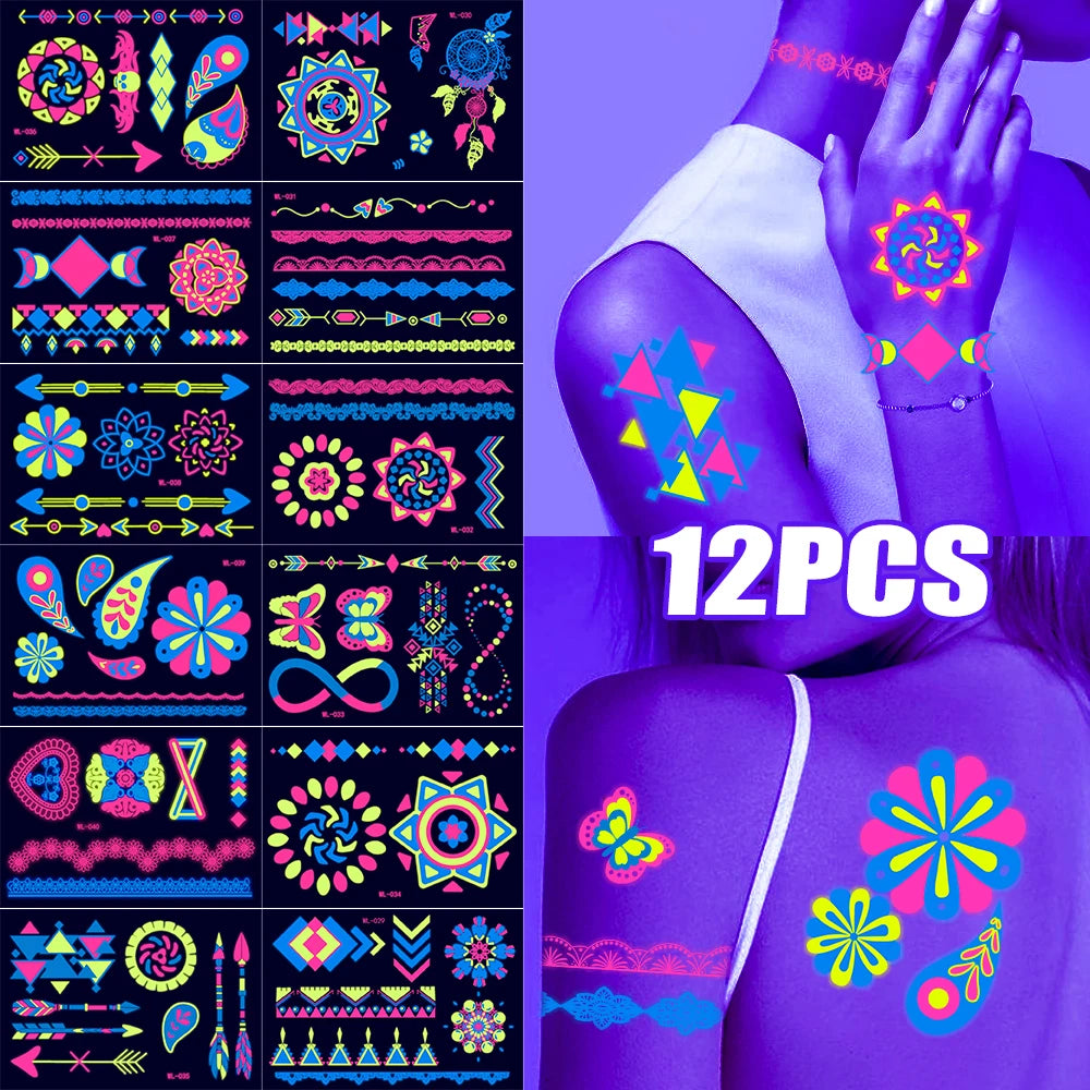 12/24pc Neon UV Glow Tattoos – Fluorescent Body & Face Stickers for Rave Parties, Music Festivals, and Nightclub Glam