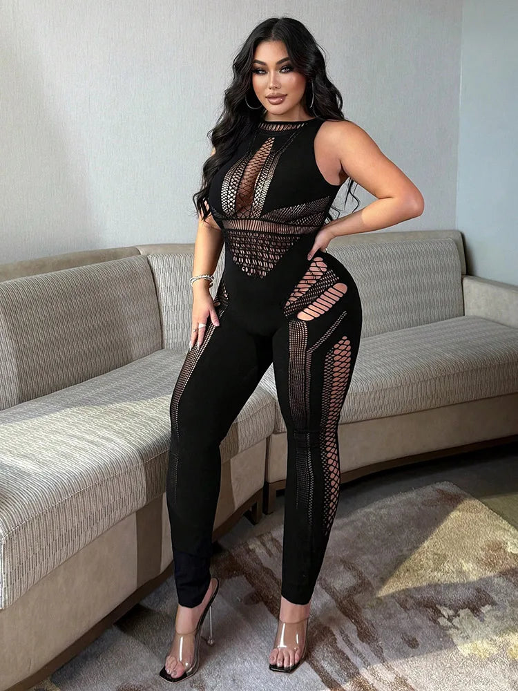 Plus Size Sleek Contour Mesh-Detail Full-Body Jumpsuit