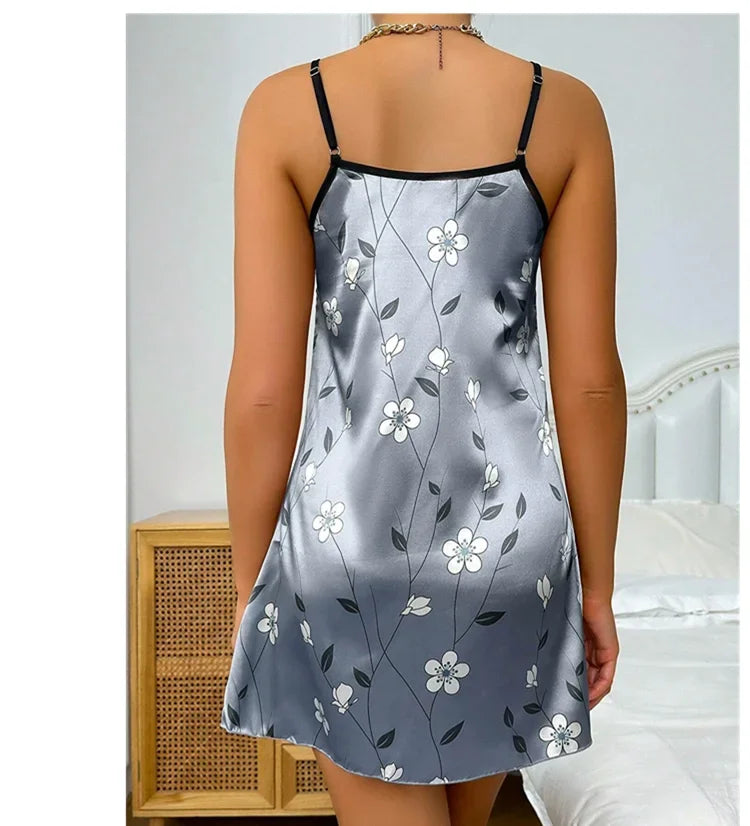 floral-printed satin sling nightgown is a popular choice for sleepwear and loungewear Mini Dress