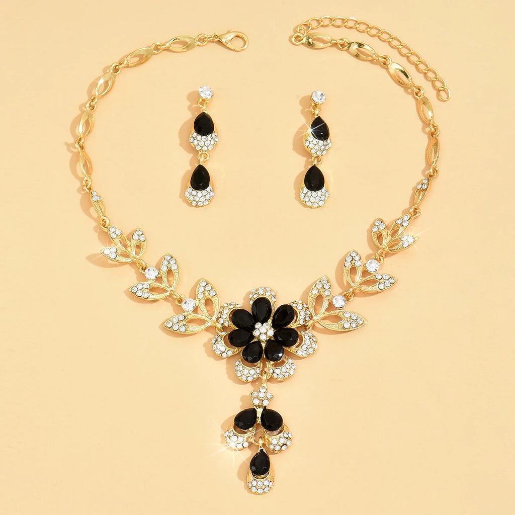 3PC Luxury Rhinestone Floral Necklace & Drop Earrings for Weddings, Banquets, and Festivals