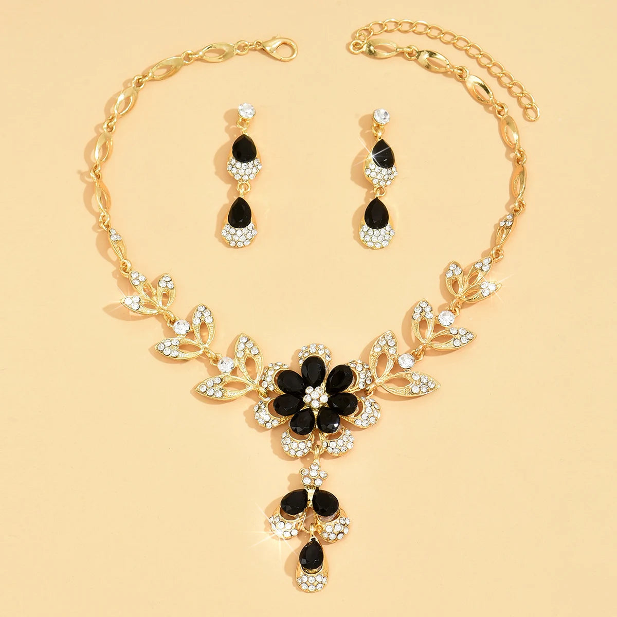 3PC Luxury Rhinestone Floral Necklace & Drop Earrings for Weddings, Banquets, and Festivals