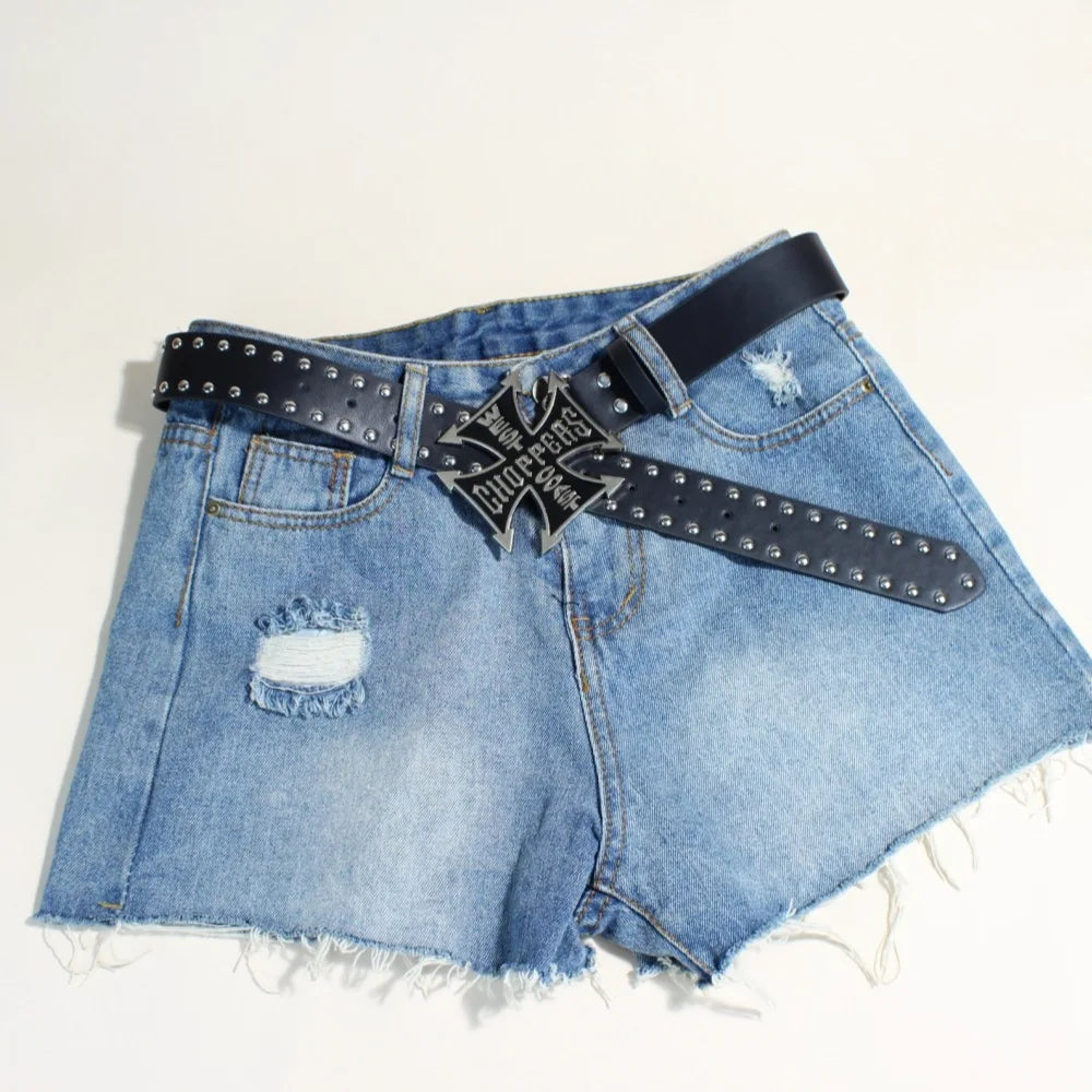 Luxury Desiner Brands Women Studded Belt Heart and Cross Metal Punk Rock Style