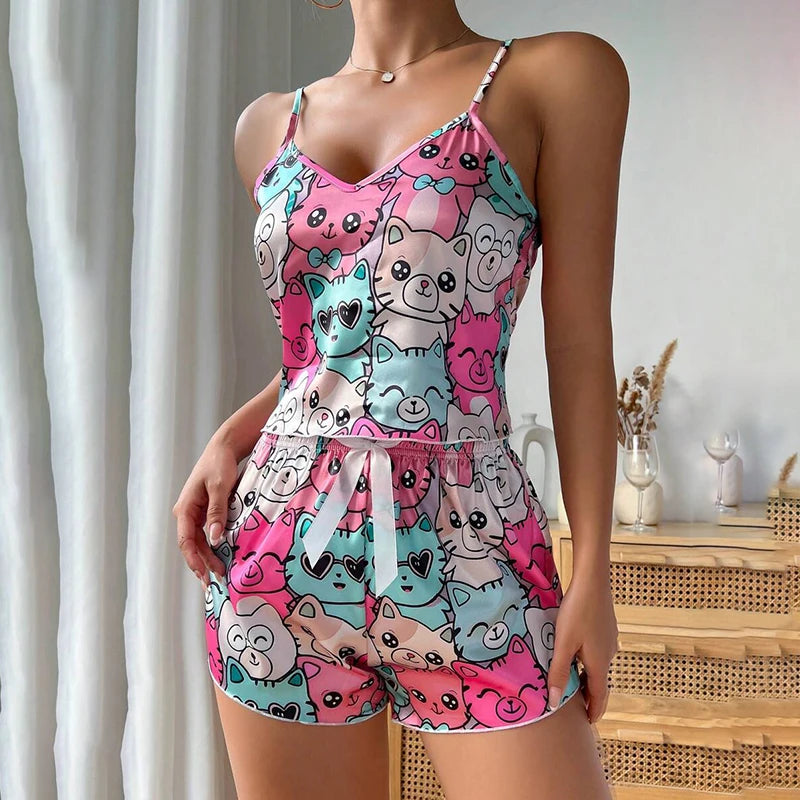 Luxury Satin Heart-Print Pajama Set | Sexy V-Neck Cami & Short Sleepwear