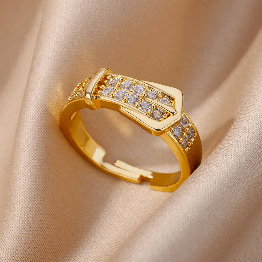 Adjustable Geometric Belt Ring – Tarnish-Free Stainless Steel & Zirconia Wedding Gift