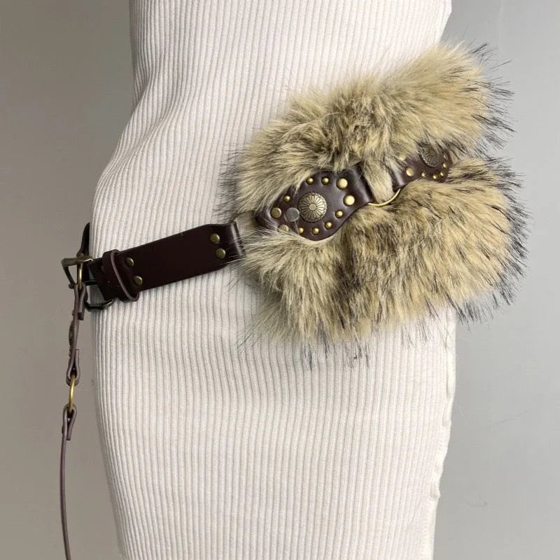 Bohemian Faux-Fur & Studded Leather-Look Belt with Antique Gold Accents