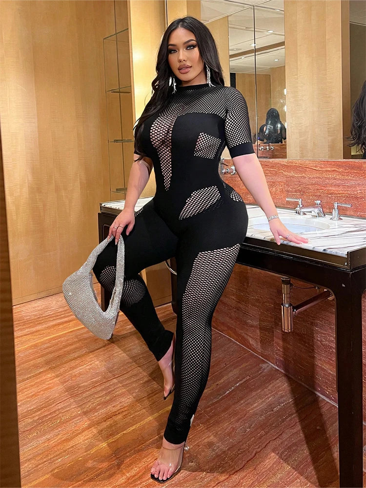 Plus-size Hot Girl Contemporary Mesh-Contrast Long Sleeve Jumpsuit