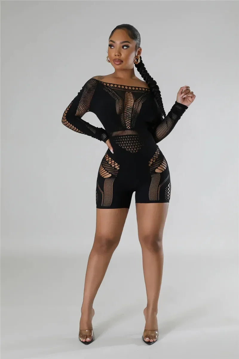 Sexy Black or White Club Outfits Jumpsuit  Long Sleeves Mesmerizing Mesh Hollow Stretch Short Rompers