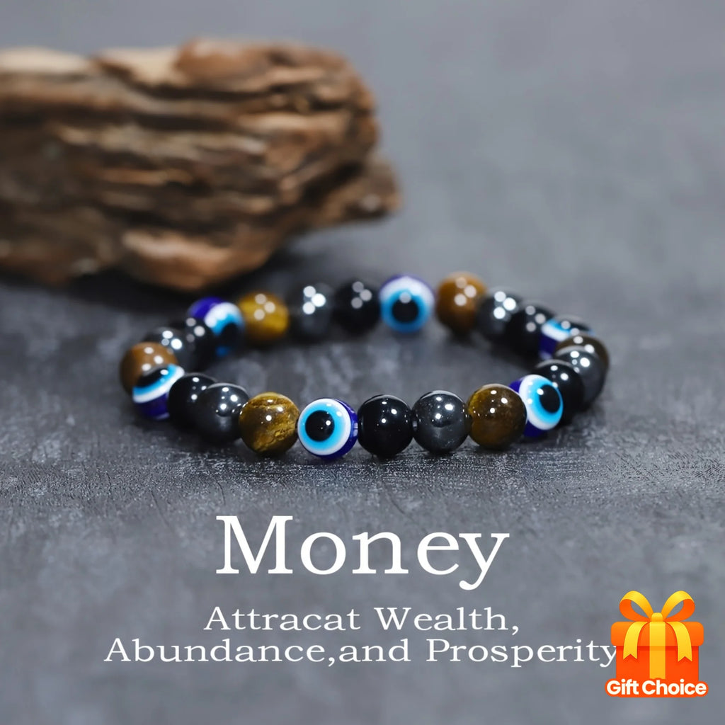 Wealth Protection Stretch Bracelet – Blue Evil Eye, Hematite, Yellow Tiger‘s Eye, Obsidian