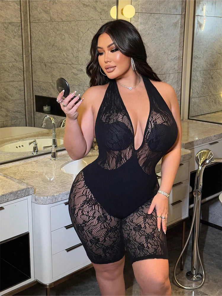 Plus Size Midnight Lace" Halter Bodysuit with Intricate Floral Detail Nightclub Party
