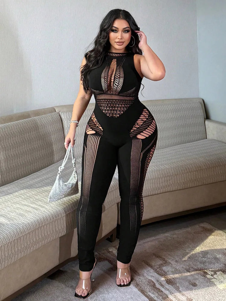 Plus Size Sleek Contour Mesh-Detail Full-Body Jumpsuit