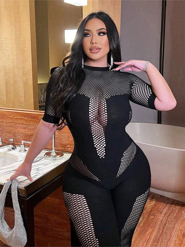 Plus-size Hot Girl Contemporary Mesh-Contrast Long Sleeve Jumpsuit