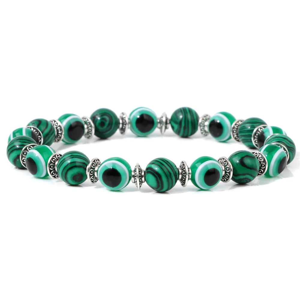 Handmade Evil Eye Natural Stone Bracelet Set – Elastic Lava Rock and Hematite Multilayer Jewelry