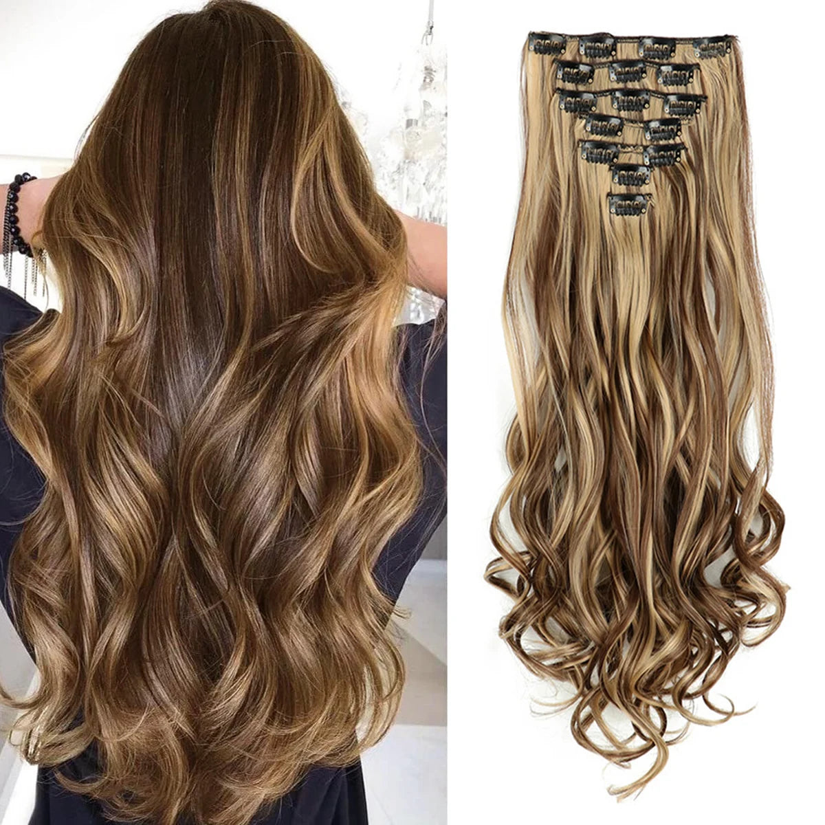 7PCS Clip-In Hair Extensions – 22 Inch Long Curly Wavy Synthetic Hair Pieces