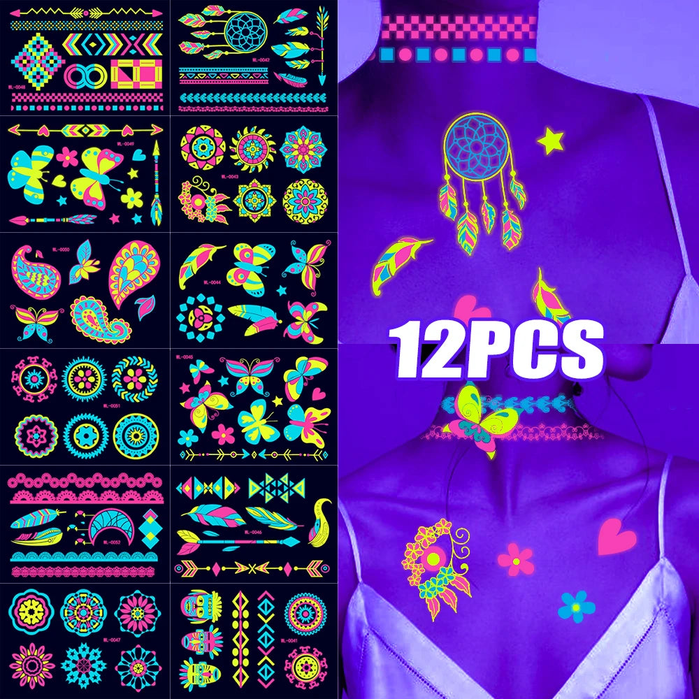 12/24pc Neon UV Glow Tattoos – Fluorescent Body & Face Stickers for Rave Parties, Music Festivals, and Nightclub Glam