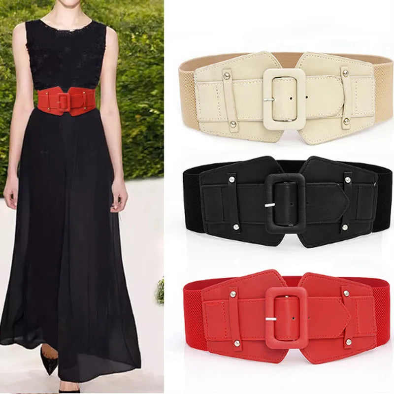 Wide Elastic Corset-Style Cinch Belt with Rectangular Buckle