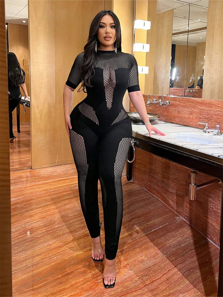 Plus-size Hot Girl Contemporary Mesh-Contrast Long Sleeve Jumpsuit
