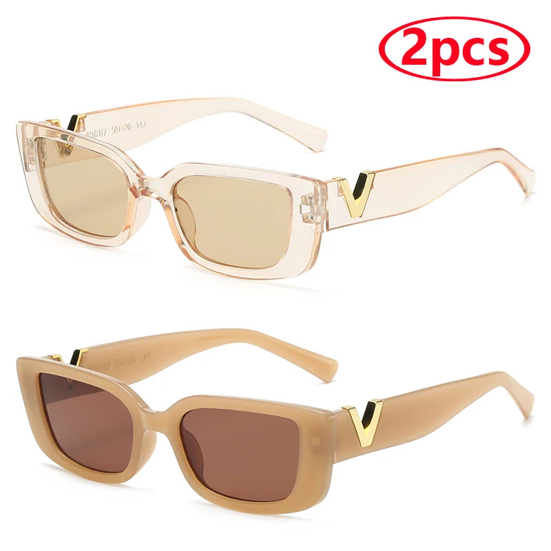 Luxury Urban Chic Rectangular Sunglasses with Gold "V" Detail