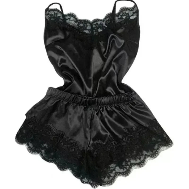 Luxury Satin Lingerie Sleepwear Set – Sexy Lace Trim Cami and Ruffle Shorts Nightwear