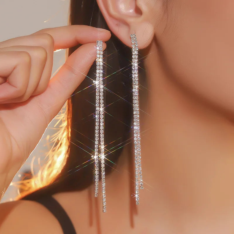 Glamorous Crystal Tassel Dangles  4 Lines Long Rhinestone Evening Earrings