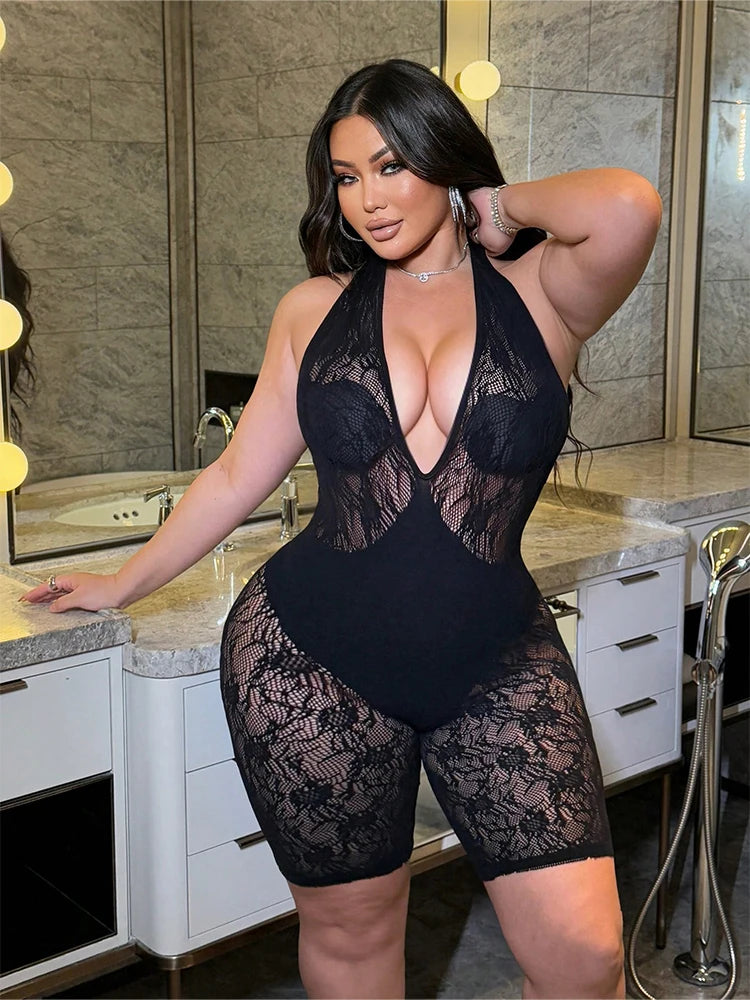 Plus Size Midnight Lace" Halter Bodysuit with Intricate Floral Detail Nightclub Party