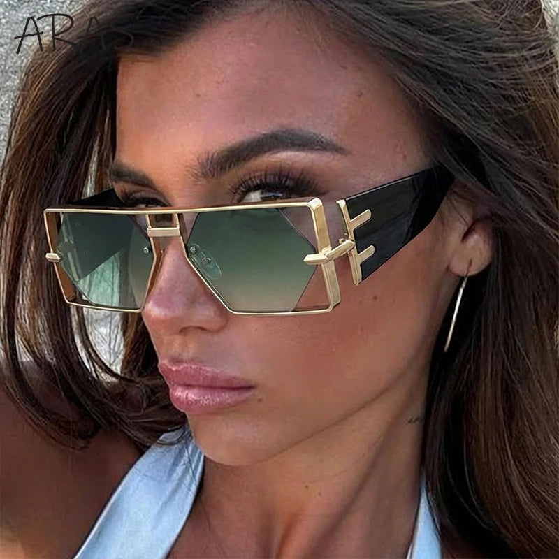 Steampunk Rectangle Avant-Garde Oversized Geometric Shield Sunglasses