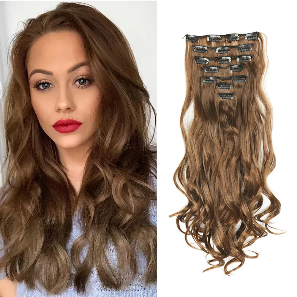 7PCS Clip-In Hair Extensions – 22 Inch Long Curly Wavy Synthetic Hair Pieces