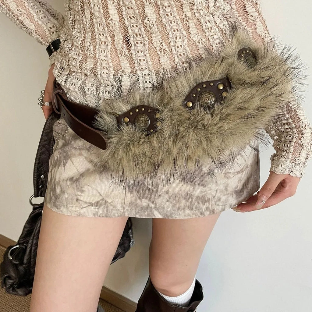 Bohemian Faux-Fur & Studded Leather-Look Belt with Antique Gold Accents