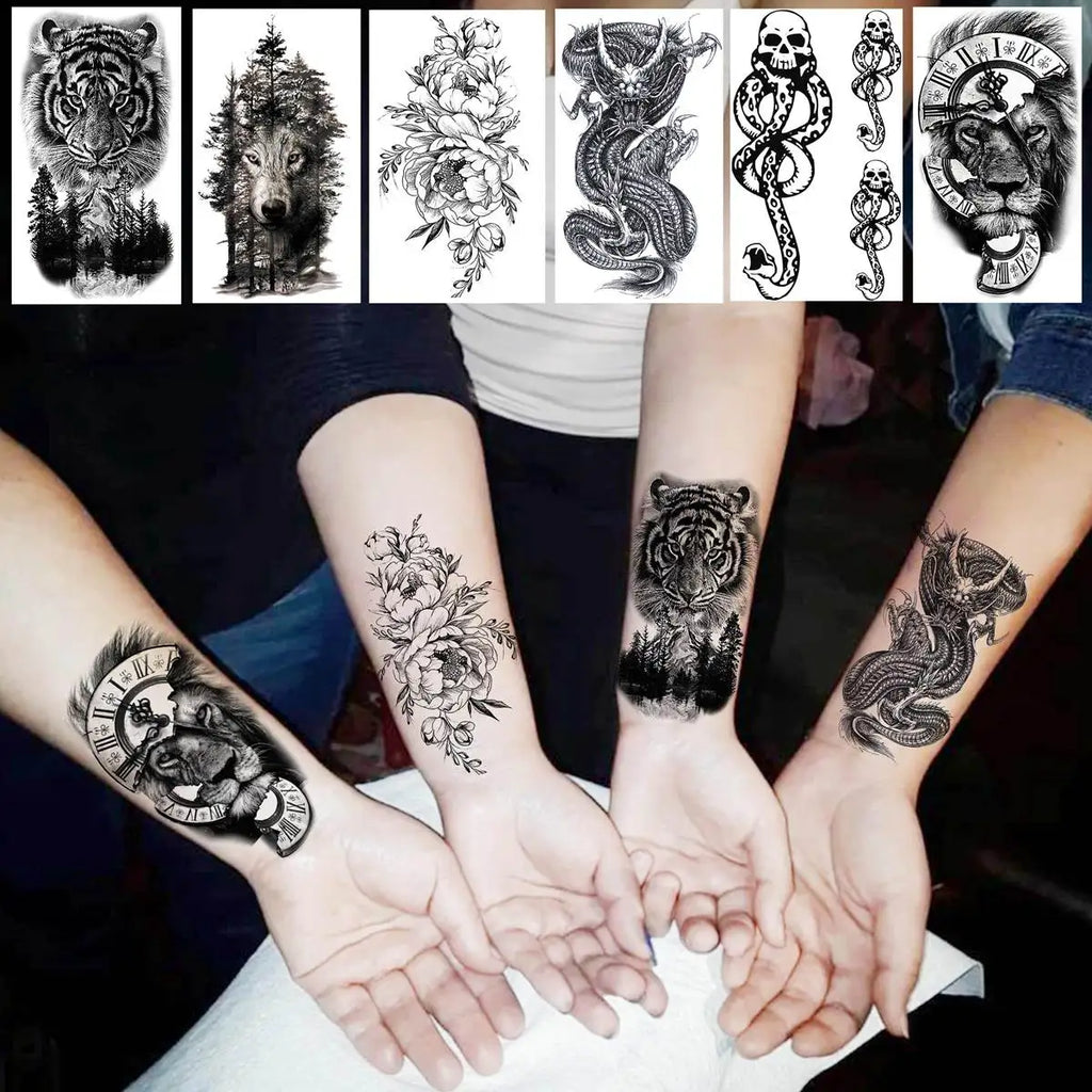 52pcs Premium Temporary Tattoo Collection – Versatile Mix of Skulls, Snakes, Flowers & 3D Art