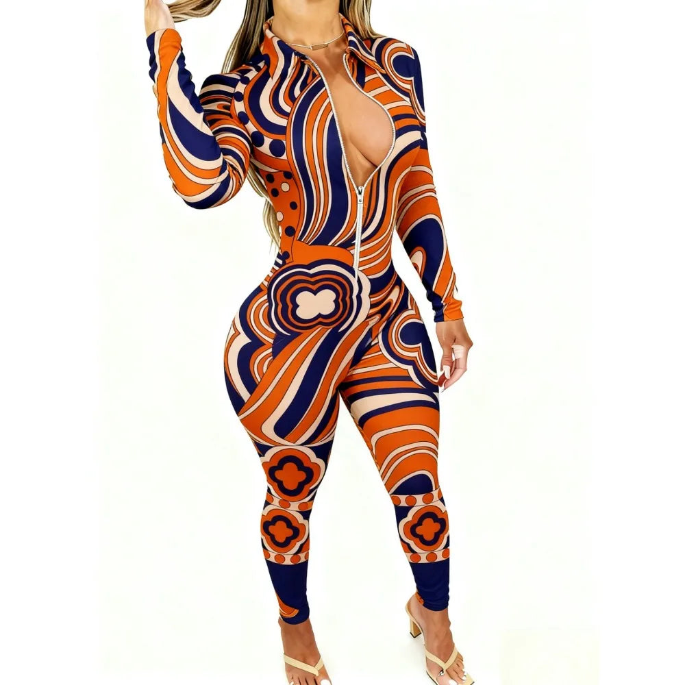 Sculpt & Style: Slimming Geometric Long Sleeve Clubwear Jumpsuit 2026 Trendy Bodysuit