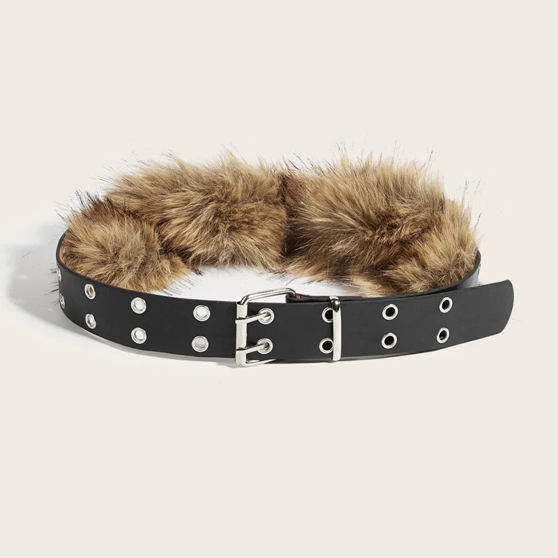 Bohemian Faux-Fur & Grommet Statement Belt – Textured Street-Style Accessory