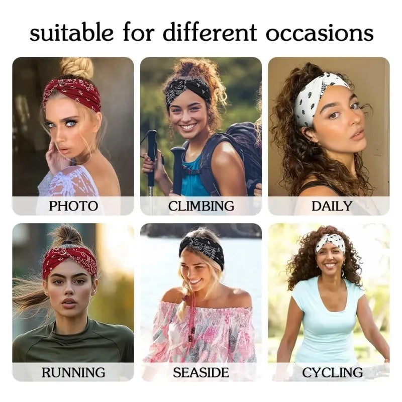 4-Pack No-Slip Knotted Headbands – Stylish Printed Turban Wraps for Yoga, Sports & Everyday Chic