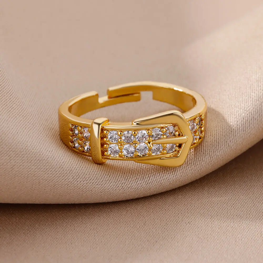 Adjustable Geometric Belt Ring – Tarnish-Free Stainless Steel & Zirconia Wedding Gift
